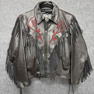 Vintage First Genuine Leather Fringe Jacket Women's Size 10 Black Red Roses